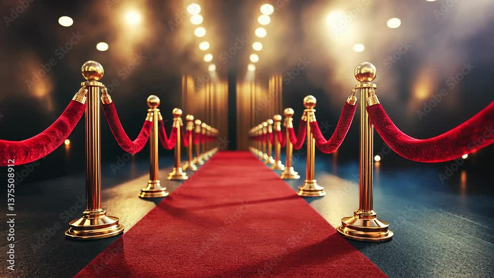 Red carpet with falling golden confetti.	