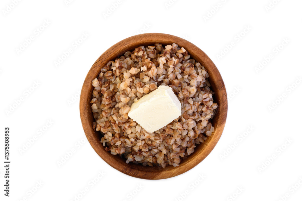 Boiled buckwheat porridge isolated on white background.