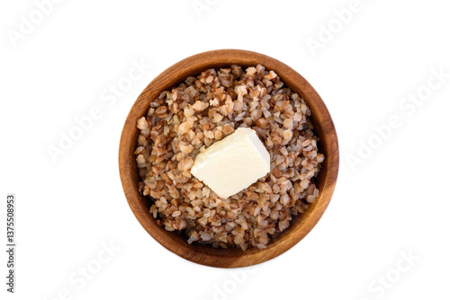 Obraz na płótnie Boiled buckwheat porridge isolated on white background. w salonie