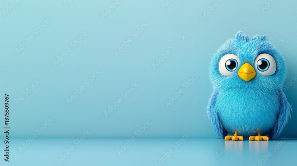 Obraz premium Adorable Blue Cartoon Owl Against Minimalist Light Blue Background