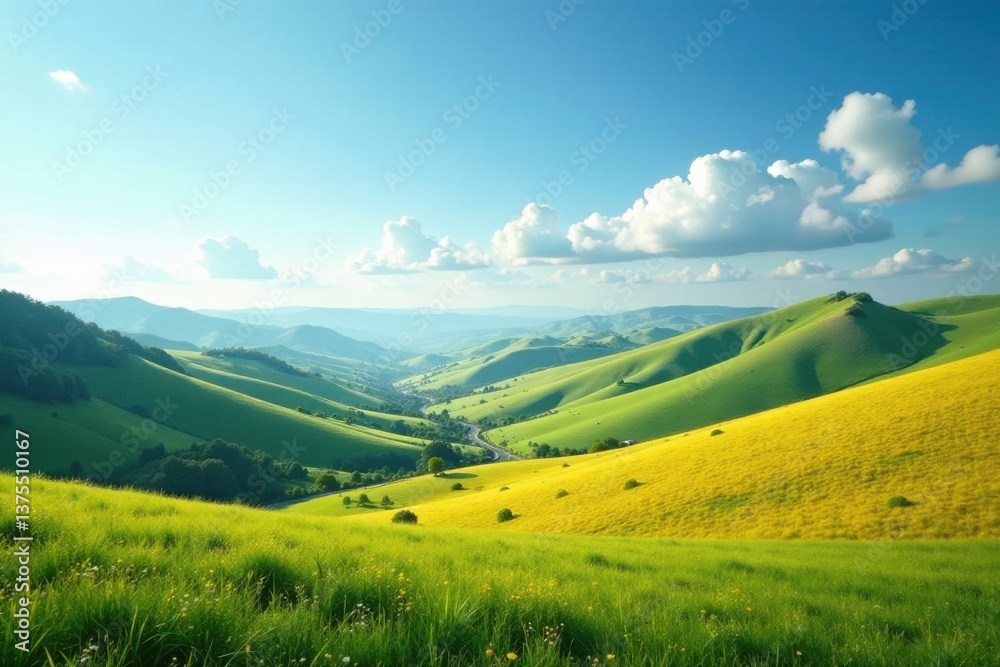 Obraz premium Serene Rolling Hills Landscape with Vibrant Green and Golden Fields Under a Sunny Sky