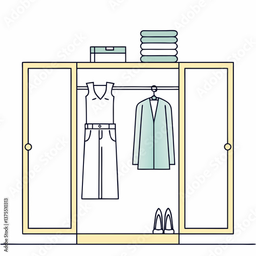 Stylish wardrobe with organized clothing and accessories  