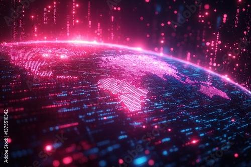 Futuristic Digital Art Glowing World Map Programming Code Cyberpunk Neon Light Streaks Abstract Sci-Fi