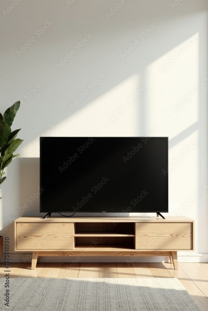 Fototapeta premium Modern Flat Screen Television on Light Wood Media Console in Sunlit Room
