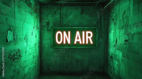 Neon Sign Glowing Green in Abandoned Room with Text ON AIR for Broadcasting and Media Background