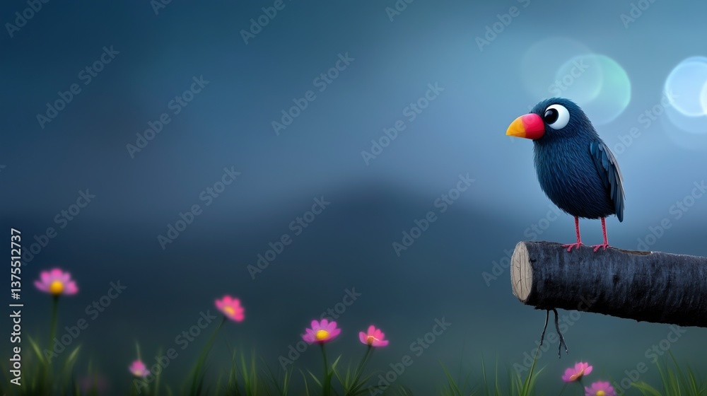 Fototapeta premium Cute Blck Bird on Post in Enchanted Evening Meadow fog