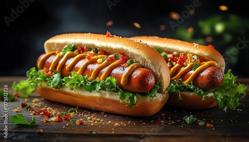Gourmet Hot Dogs with Flying Ingredients Fresh Lettuce Mustard Ketchup Rustic Table