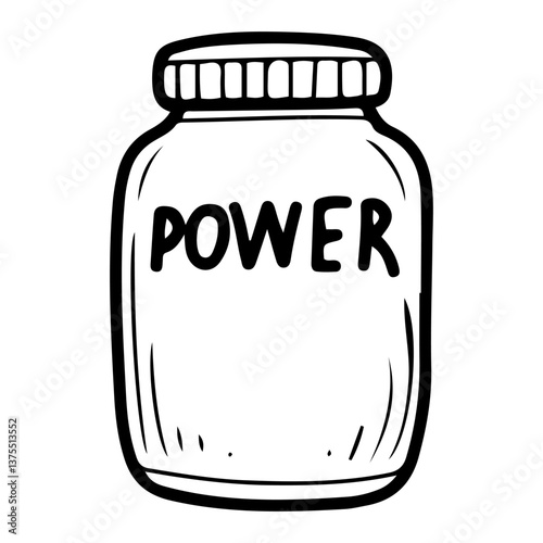 Sports nutrition. Hand drawn doodle. Protein container. Food supplement. Muscle building. Healthy lifestyle. Plastic jar with lid. Vector line art illustration.