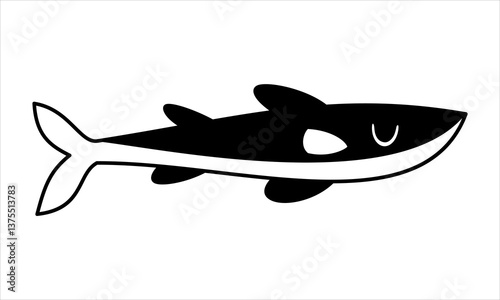 Black and white fish isolated cartoon sea doodle. Ocean animal hand drawn vector illustration in flat style