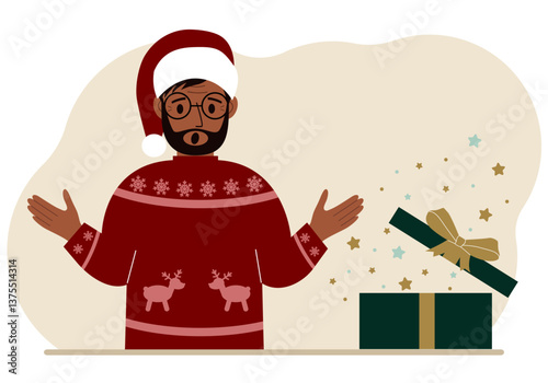 A man near an open Christmas or New Year's gift. Gift box for winter holidays. Vector flat illustration