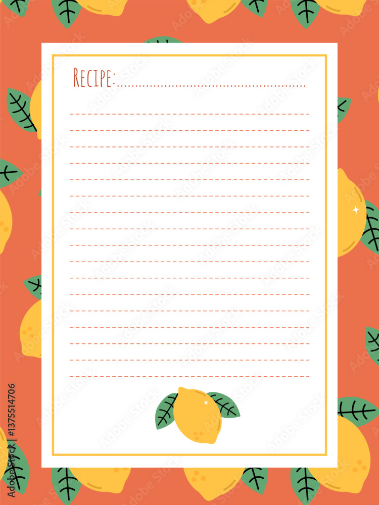 Fototapeta premium Page template for recording recipes with bright lemons