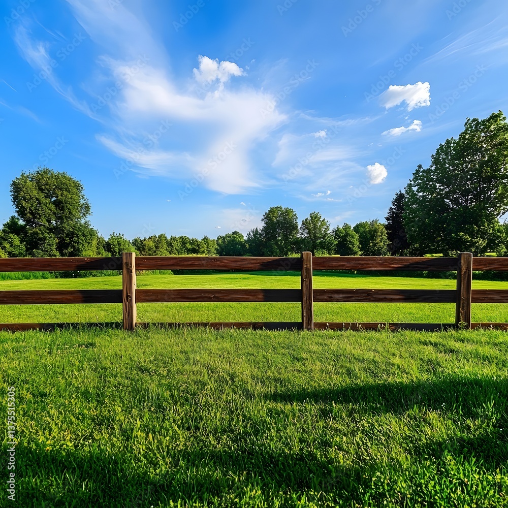 Serene countryside scene featuring a fenced grassy field with trees lining the horizon under a bright blue sky with fluffy white clouds Serene countryside scene featuring a fenced grassy field with trees lining the horizon under a bright blue sky with fluffy white clouds