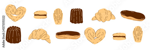 French pastry illustration set with croissant, canelé, madeleine, and sweet bakery treats in vector clip art.