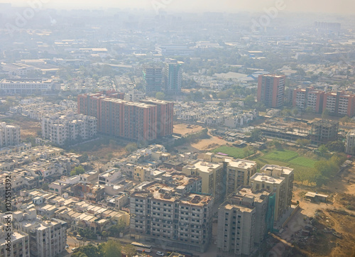 Aerial view while flying in to Ahmedabad Airport (AMD), officially Sardar Vallabhbhai Patel International Airport, by air, Gujarat, India.