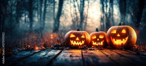Halloween Pumpkins on Wooden Table in Spooky Forest with Moonlight