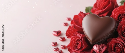 A romantic arrangement featuring red roses and a chocolate heart, perfect for expressing love and affection.