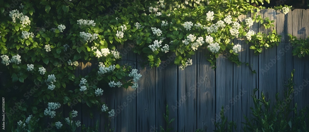 Fototapeta premium Vibrant delicate white flowers cascading over a rustic wooden fence surrounded by lush greenery and foliage in a picturesque garden setting