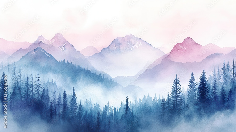 Watercolor of landscape forest misty mountains horizon and fog and hills,pine tree fir tree,Autumn forest background,drawn by hand,Autumn illustration design elements for landscape,wallpaper.