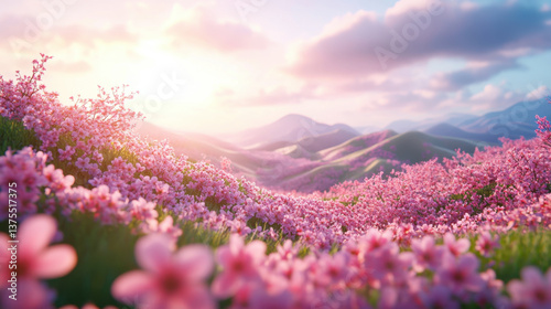 beautiful landscape featuring vibrant field of pink flowers, rolling hills, and soft sunset glow. scene evokes sense of tranquility and natural beauty, perfect for nature lovers