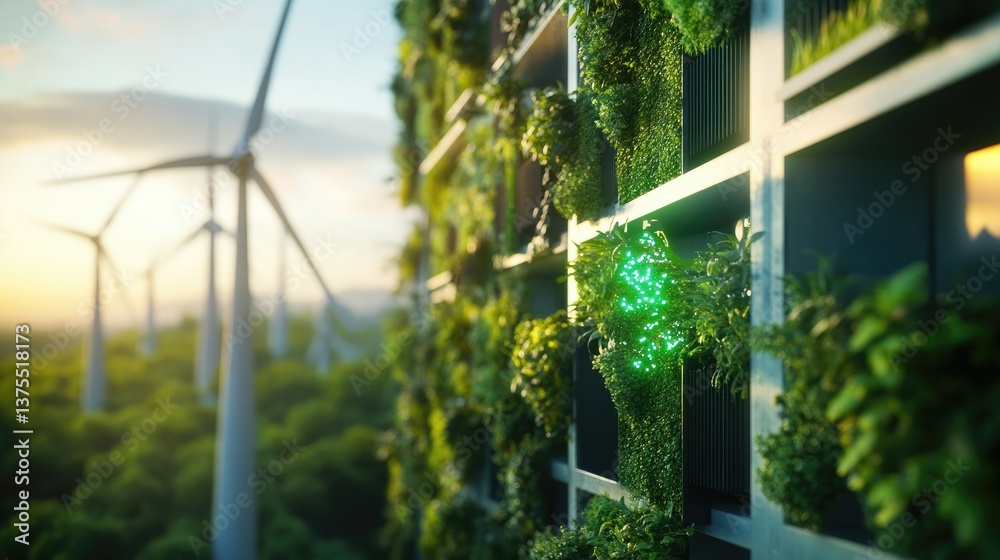 Fototapeta premium a green city surrounded by wind turbines and trees, landscape of a future city
