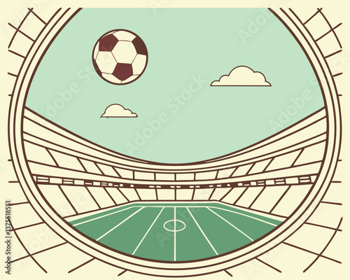 Vibrant Soccer Stadium Illustration with Ball and Sky Above.