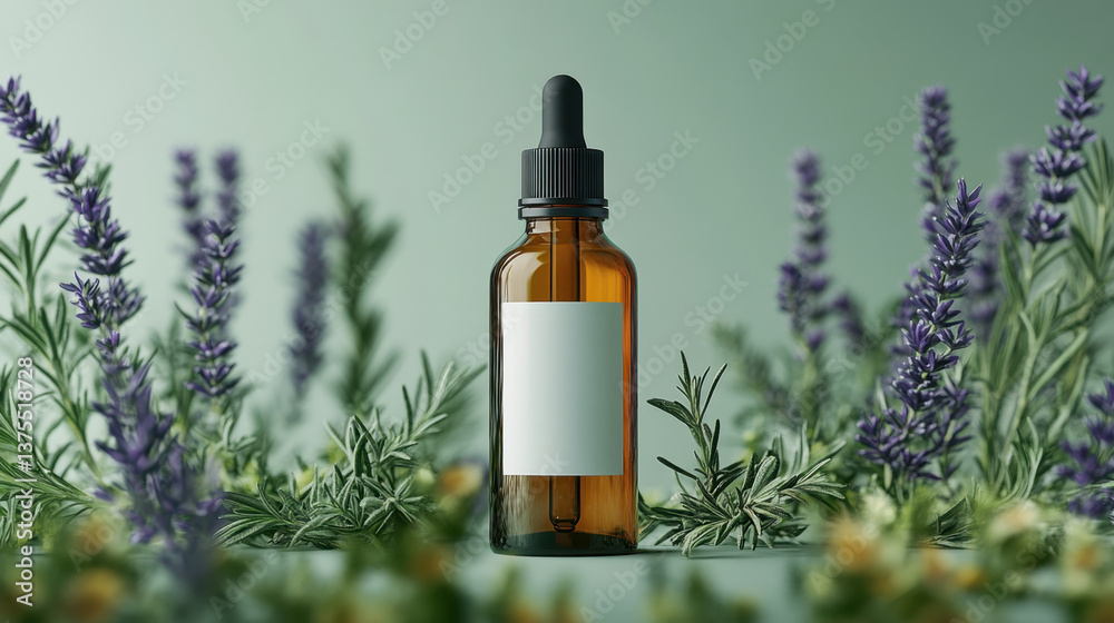 Fototapeta premium brown glass dropper bottle stands amidst lush green herbs and purple flowers, creating serene and natural atmosphere. blank label invites customization for various uses
