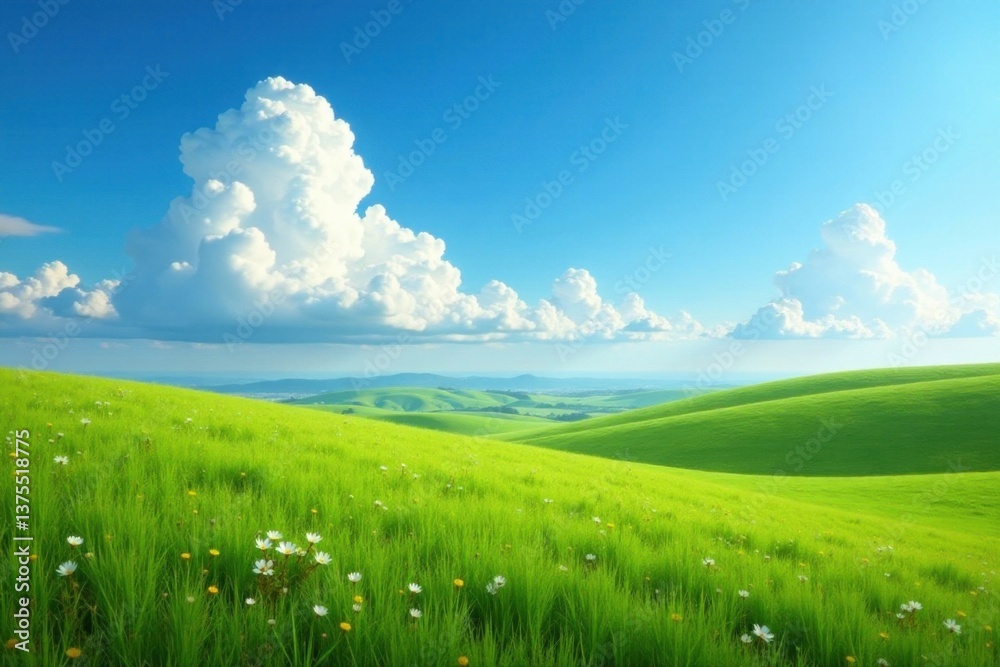 Blue sky with large white cloud formations floating gently over vast open fields and rolling hills, landscape, field, natural Blue sky with large white cloud formations floating gently over vast open fields and rolling hills, landscape, field, natural