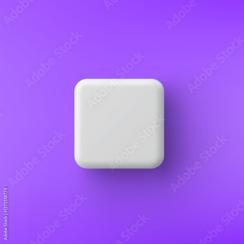 3d vector white plastic square button on purple background. Realistic minimal icon with shadow.