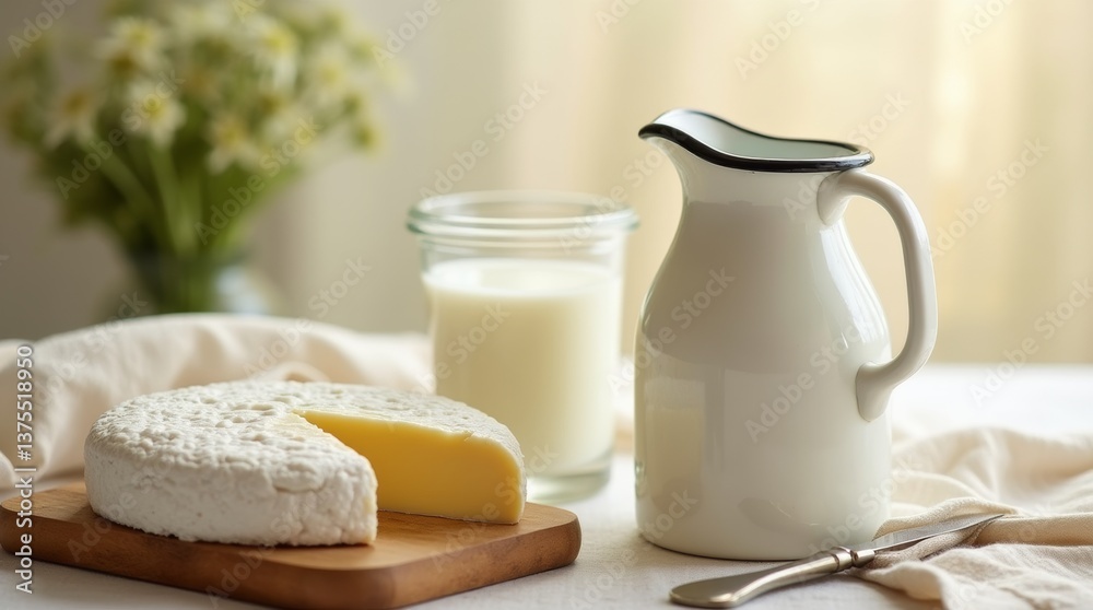 Fresh cheese and milk with white pitcher on rustic wooden board in sunlit kitchen Fresh cheese and milk with white pitcher on rustic wooden board in sunlit kitchen