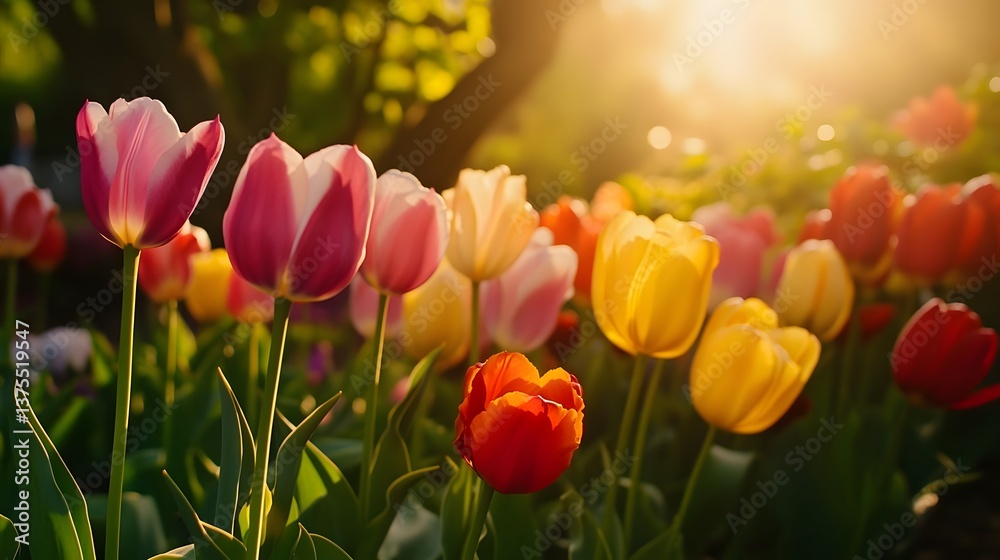 Obraz premium A stunning array of colorful tulips in various shades of red yellow and pink thriving in a picturesque garden landscape on a bright sunny day