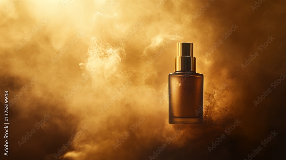 Fototapeta premium Golden Cosmetic Bottle Surrounded by Mystical Mist and Light Rays in Dramatic Atmosphere