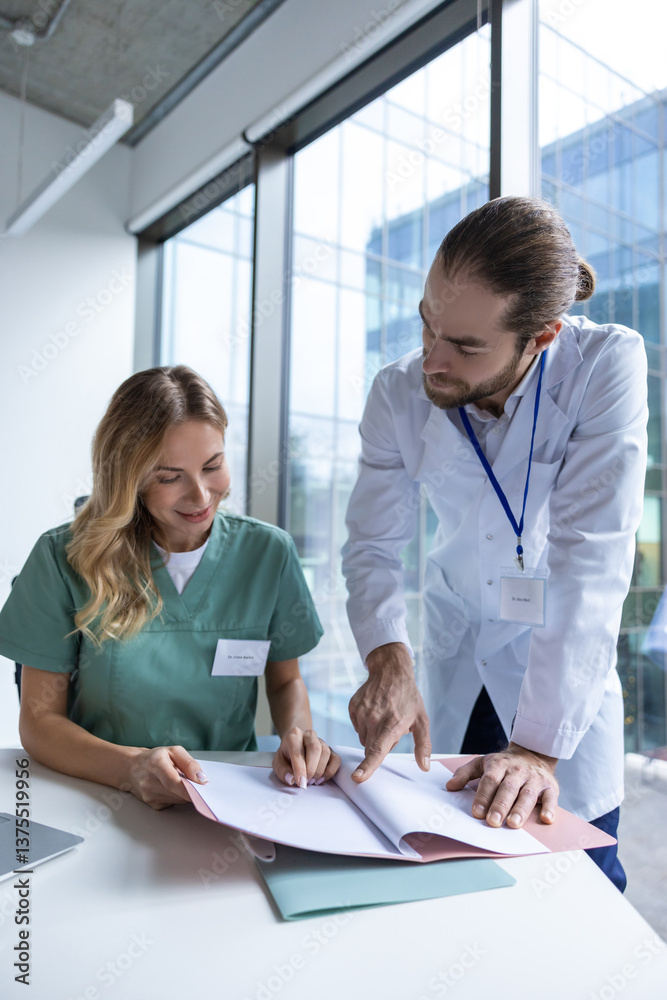 Obraz premium Doctors working on PC analyzing research data talking with colleagues