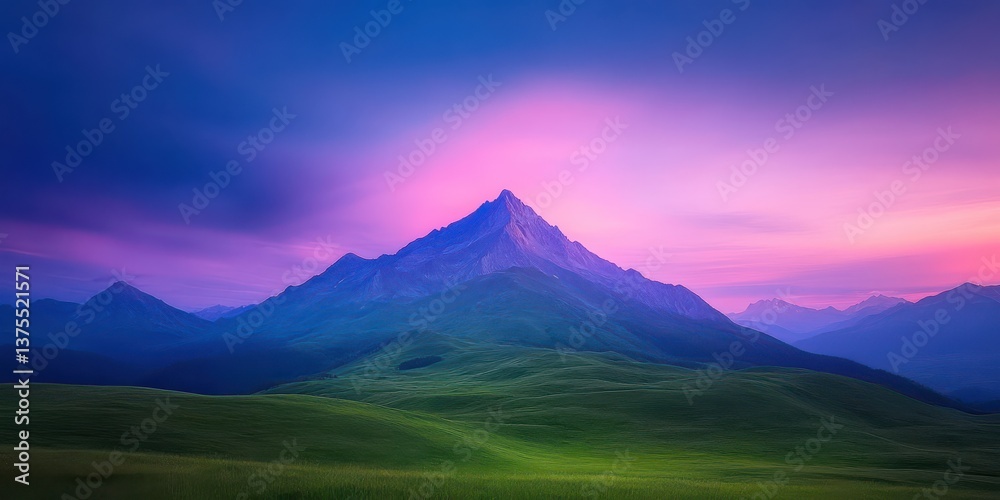 Fototapeta premium Purple and pink sunrise over a solitary mountain peak. Rolling green hills and misty valleys in wide panoramic view. Calm ambition and new beginnings. Ideal for branding headers and