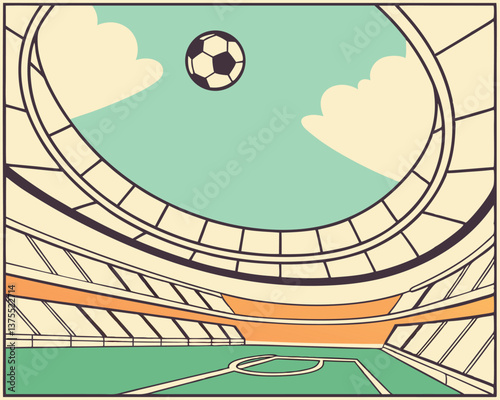 Vibrant Soccer Stadium Illustration with Ball and Sky Above.