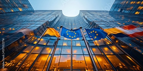 Wallpaper Mural European union flags waving on modern glass building Torontodigital.ca