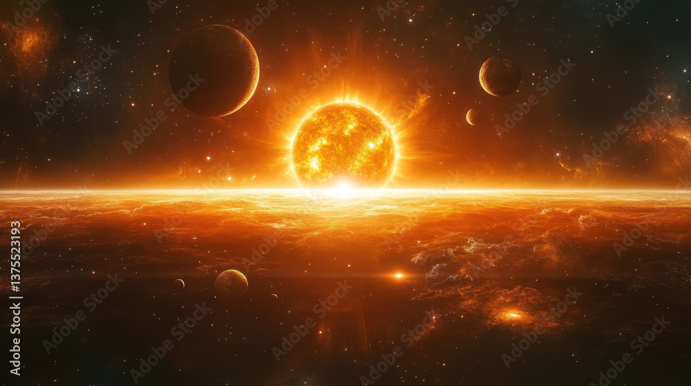 Obraz premium breathtaking image of our solar system featuring radiant sun rising above cosmic landscape, surrounded by distant planets and celestial bodies, evoking sense of wonder and exploration