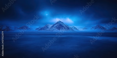 Snow Covered Mountain Peaks under Dramatic Night Sky with Reflections on Icy Surface in a Winter Landscape