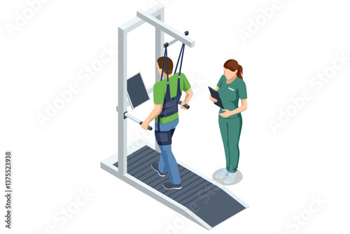 Isometric vector illustration of a male patient in harness training on a treadmill under supervision of a female rehabilitation specialist.