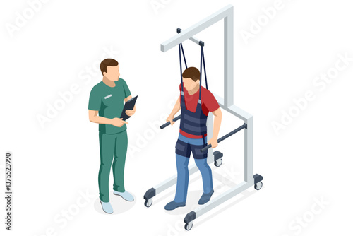 Isometric vector scene showing male patient walking with support harness, guided by a male rehabilitation therapist during rehabilitation session.