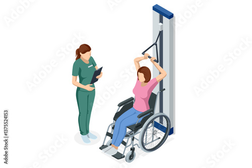 Isometric vector scene depicting a female patient in a wheelchair performing upper-body rehabilitation exercises with pulley equipment assisted by a rehabilitation specialist.