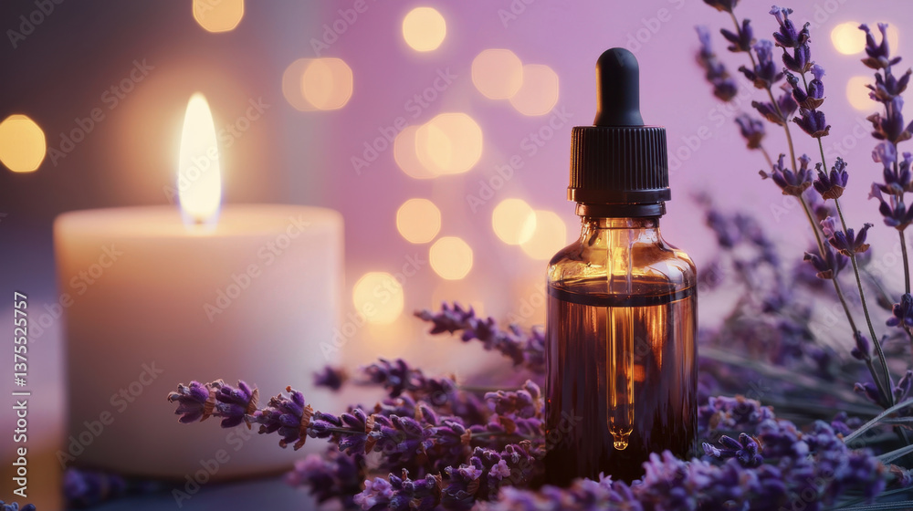 calming night concept featuring bottle of essential oil surrounded by lavender flowers and lit candle, creating serene and relaxing atmosphere calming night concept featuring bottle of essential oil surrounded by lavender flowers and lit candle, creating serene and relaxing atmosphere