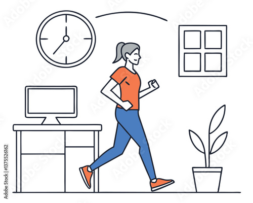 Woman Running on Treadmill at Work: Healthy Office Exercise Break.