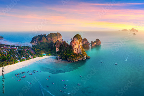 Fototapeta Naklejka Na Ścianę i Meble -  Aerial shots of Railey Beach at sunset, Krabi, Thailand.