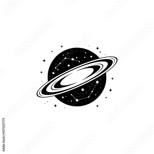 Minimalist Saturn Illustration with Constellations & Stars - Black & White