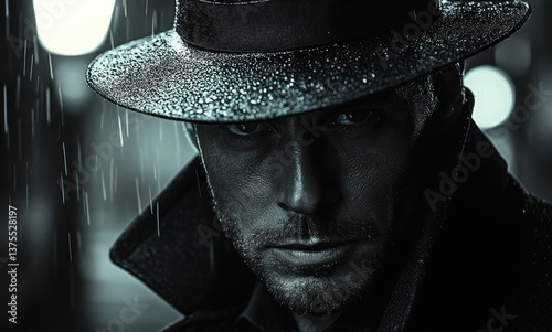 Mysterious Man in Trench Coat Under Dim Streetlight in Dark Alley