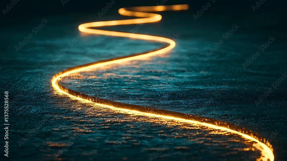 Obraz premium A winding golden light trail across a dark blue surface, evoking a sense of mystery and journey