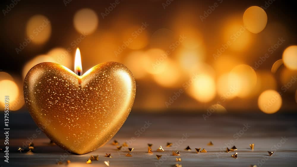 Romantic footage of gold valentines heart shaped candle burn on a background of beautiful bokeh with. Valentine's day celebration concept.