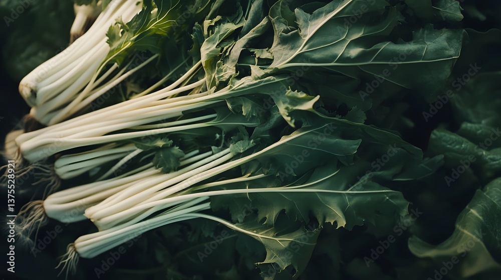 Obraz premium A bountiful harvest of lush nutrient rich organic vegetables with long green stalks and broad leaves showcasing the natural beauty and abundance of plant based produce