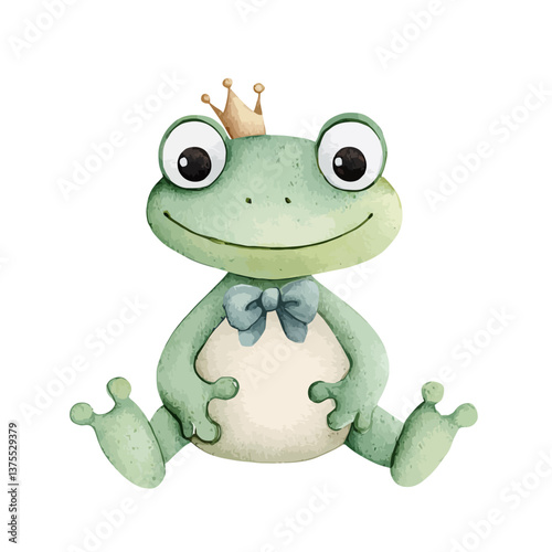 Frog Prince: A cute illustration of a smiling frog wearing a crown and a bow tie, evoking a sense of fairytale charm and whimsy.