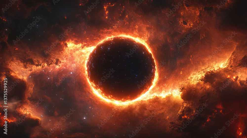 Obraz premium colossal black hole surrounded by fiery cosmic clouds and stars, creating mesmerizing and dramatic scene in universe. vibrant colors evoke sense of wonder and mystery